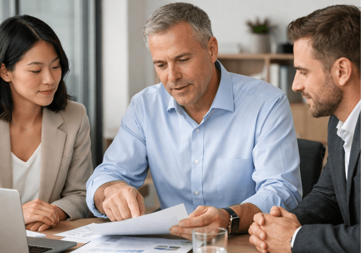 Professionals reviewing documents together in a meeting