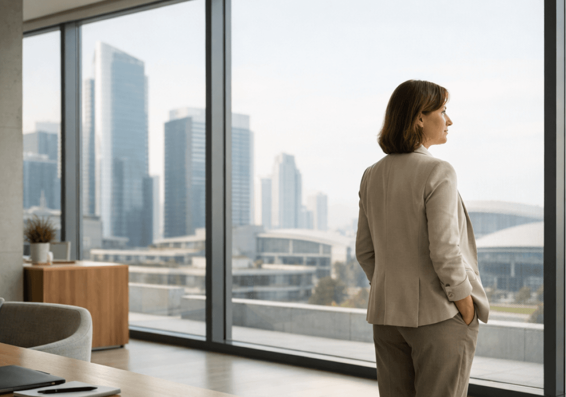 Professional looking over a modern city from his office